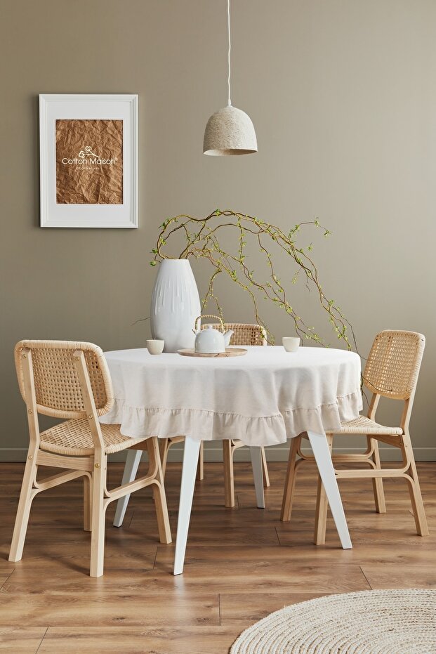 Natural Ruffle Tablecloth Vintage 180 Cm Round