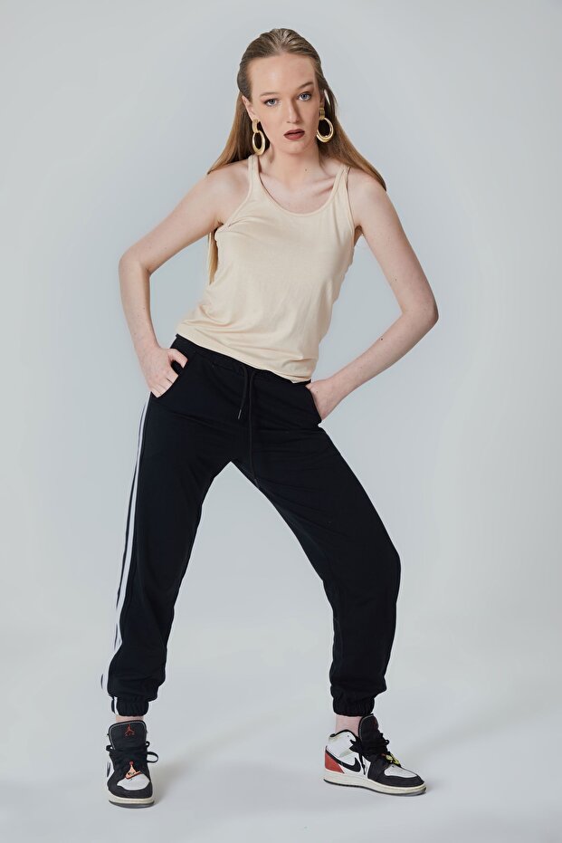 Kadın Siyah Şeritli Rahat Basic Eşofman Altı - 2