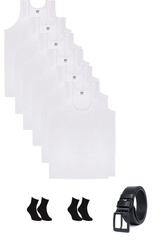 Pack of 6 Combed Cotton White Men's Undershirt, 100% Cotton Undershirt, Belt and 2 Pairs of Socks