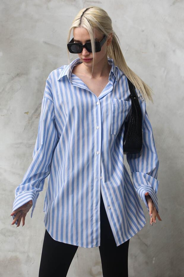 Blue Striped Oversize Women's Shirt Mg1688