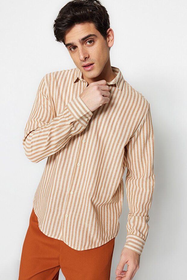 Taş Regular Fit Çizgili Dokulu Keten Görünümlü Gömlek TMNSS23GO00062 - 4