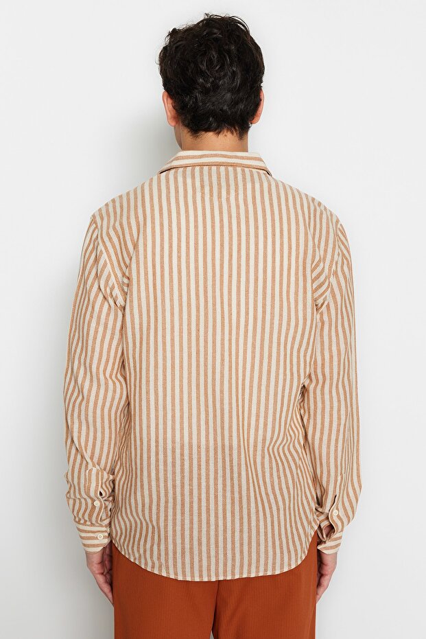 Taş Regular Fit Çizgili Dokulu Keten Görünümlü Gömlek TMNSS23GO00062 - 5