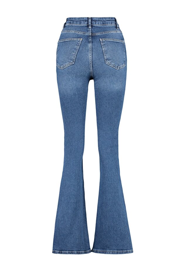 More Sustainable Koyu Mavi Yüksek Bel Orta Esnek Flare İspanyol Paça Jeans TWOSS23JE00063 - 7