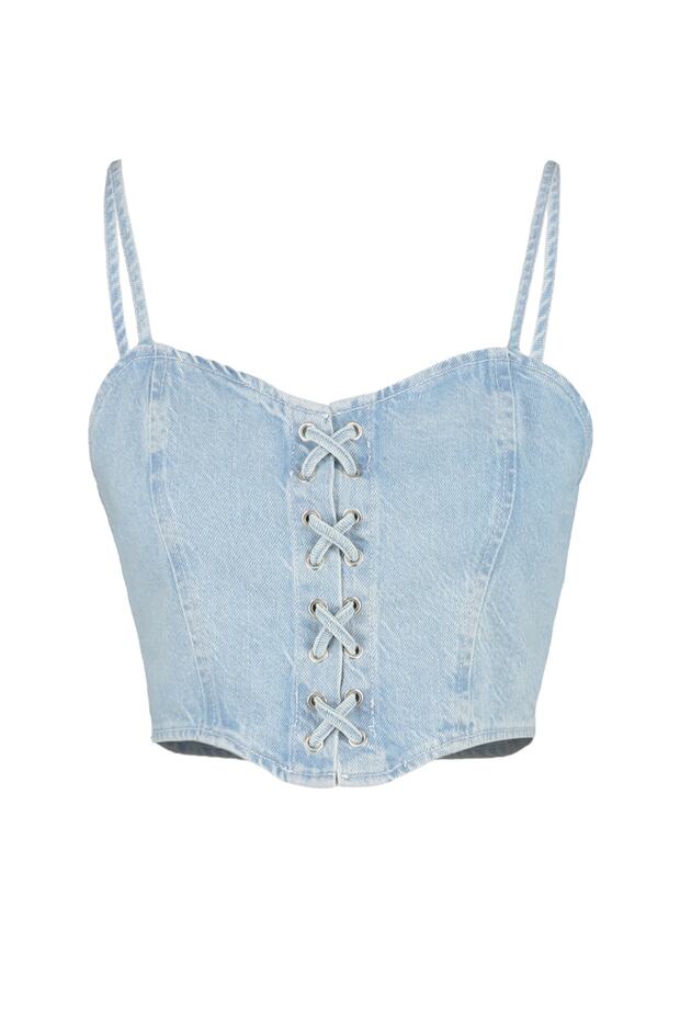 Mavi Kuş Gözü Bağlama Detaylı Kalp Yaka Fitted Crop Denim Büstiyer TWOSS23BS00010 - 7