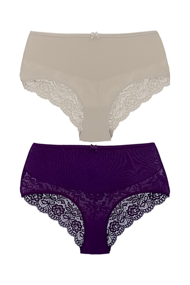 2-Piece Cotton High Waist Lace Detailed Plus Size Women's Panties