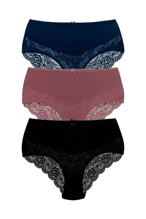3-Piece Cotton High Waist Lace Detailed Plus Size Women's Panties