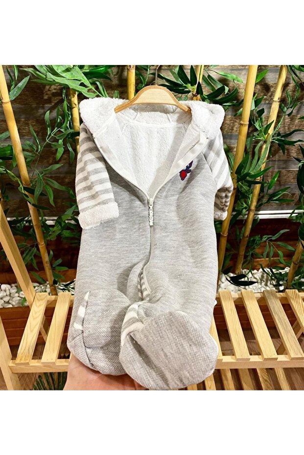 Cotton Wellsoft Baby Jumpsuit with Plush Inside and Deer Embroidery