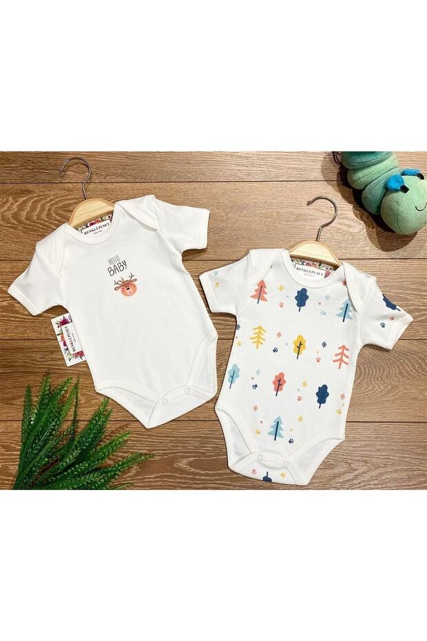 2-Piece Cotton Baby Short Sleeve Snap-On Bodysuit Set Tree Deer