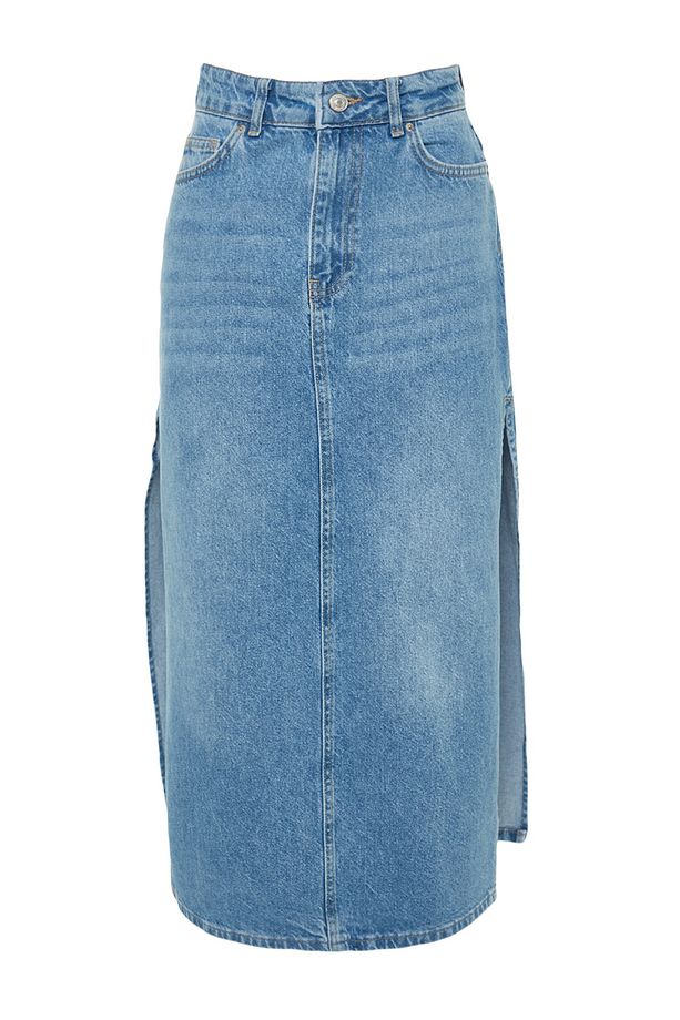 Açık Mavi Yırtmaçlı Yüksek Bel  Maxi Denim Etek TWOSS23ET00109 - 6