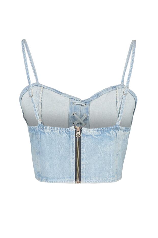 Mavi Kuş Gözü Bağlama Detaylı Kalp Yaka Fitted Crop Denim Büstiyer TWOSS23BS00010 - 8