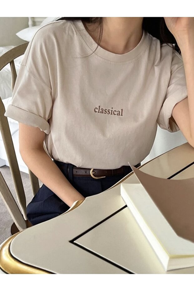 Unisex Beige Classical Printed Crew Neck Oversize T-shirt