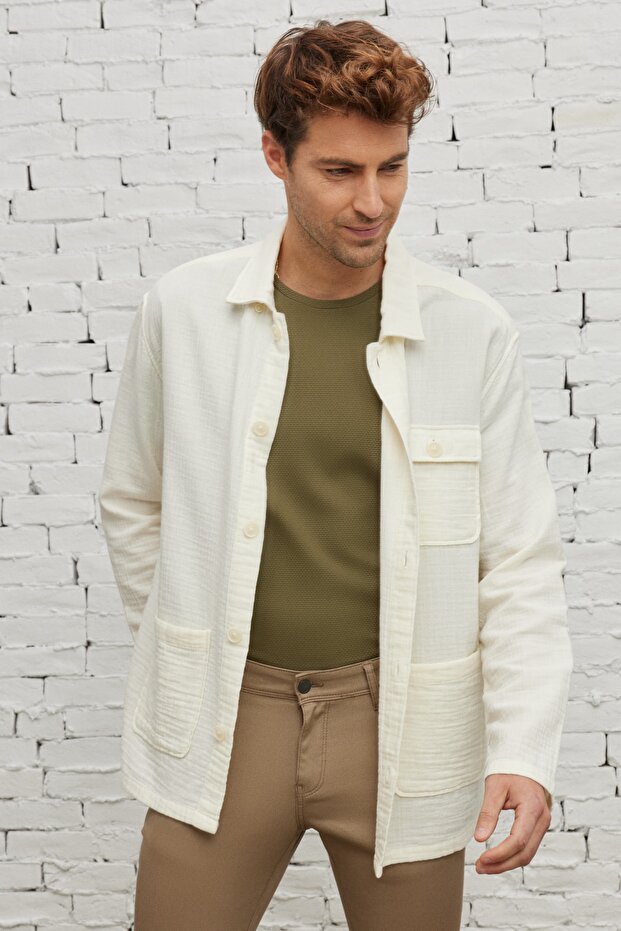 Men's Beige Comfort Fit Relaxed Cut Hidden Button Collar 100% Cotton Winter Shirt Jacket