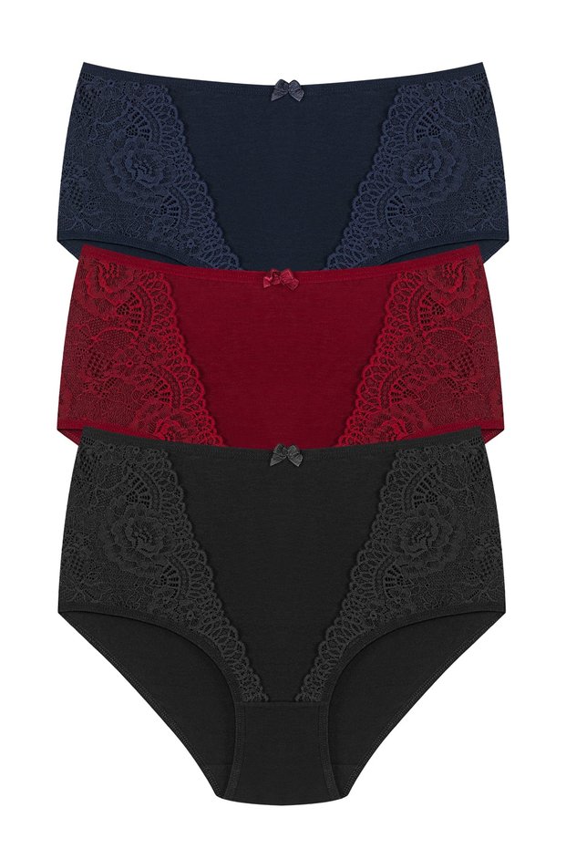 3-Piece High Waist Large Size Lace Detailed Cotton Bato Women's Panties