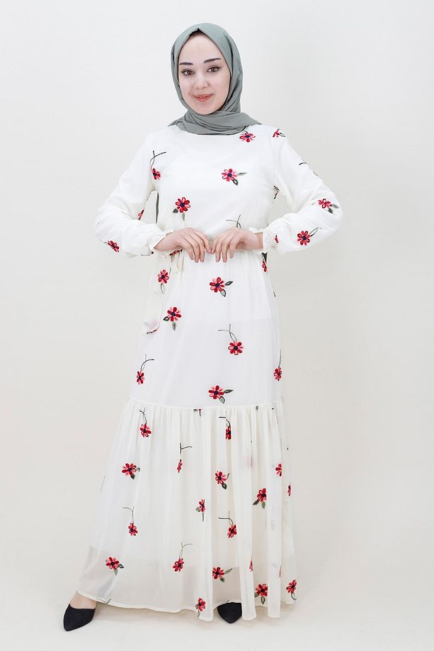 Nakış Modelli Şifon Kumaş Elbise - 1