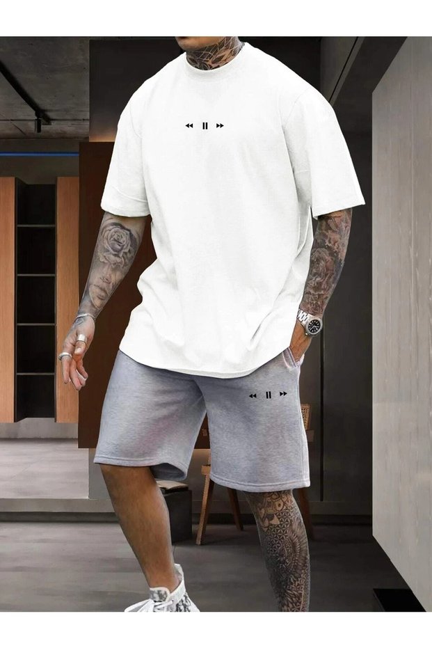 Unisex Oversize Musical Printed White Crew Neck T-Shirt Gray Shorts
