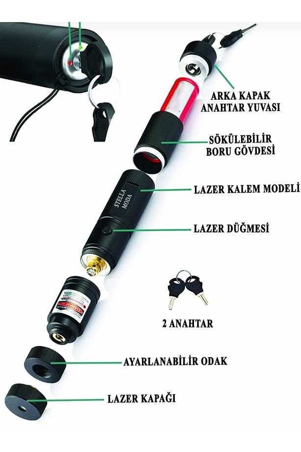 Şarjlı Güçlü Yeşil Laser Metal Kasa Anahtar Emniyetli Yeşil Pointer Yüksek Güçlü Işaretçisi - 8