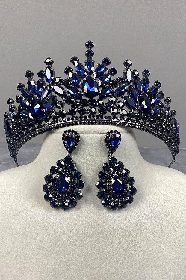 Navy Blue Adela Shiny Stone Henna Bridal Tiara and Drop Stone Earring Set – Magnet, Gift, Ornamental Accessories