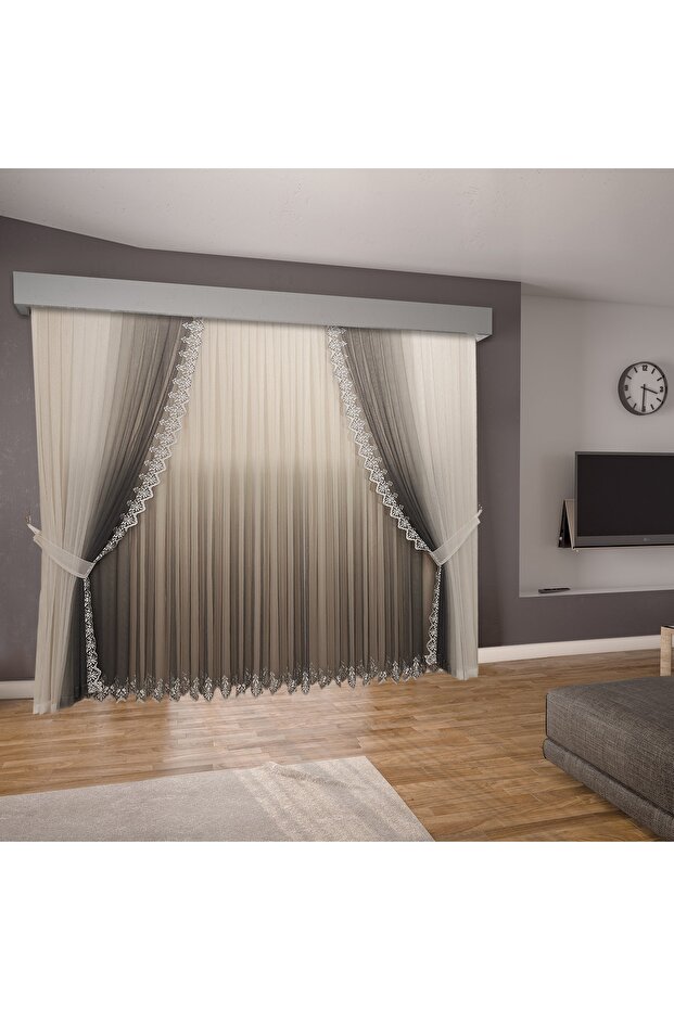 Gradient Color Gradient Anthracite Dark Gray Skirts, Embroidered Lingerie and Background Complete Set, Pleated Tulle Curtain