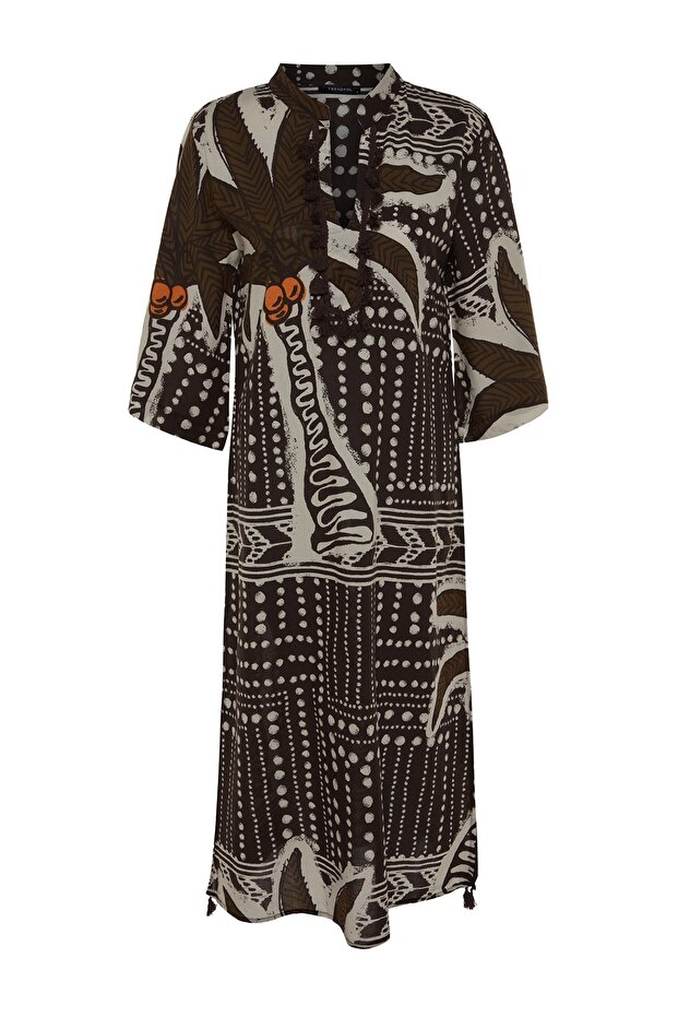 Tropikal Desenli Maxi Dokuma %100 Pamuk Püsküllü Plaj Kimono&Kaftan TBESS20KM0024 - 6