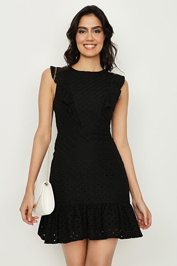Women's Black Frilly Skirt Flounce Lace Dress