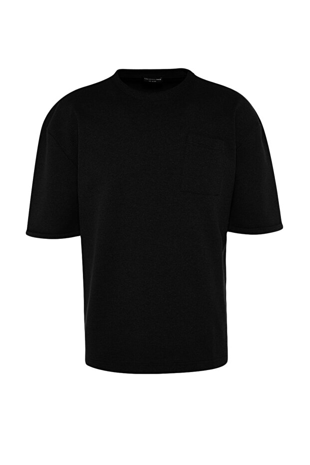 Siyah Oversize/Geniş Kesim Kısa Kol Cepli Etiket Detaylı T-Shirt TMNSS23TS00077 - 9