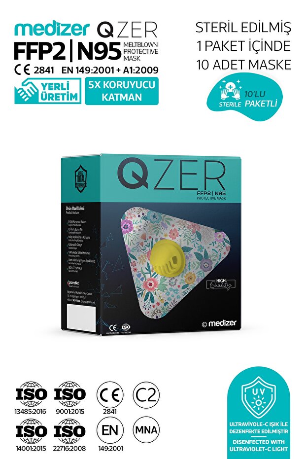 Qzer Bahar Çiçekleri Desenli 5 Katlı Ventilli Ffp2 Nr N95 Maske 10 Adet - 4