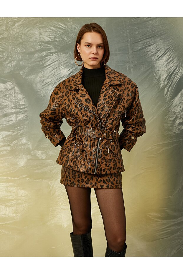 Leopard Leather Look Oversize Biker Jacket - 2