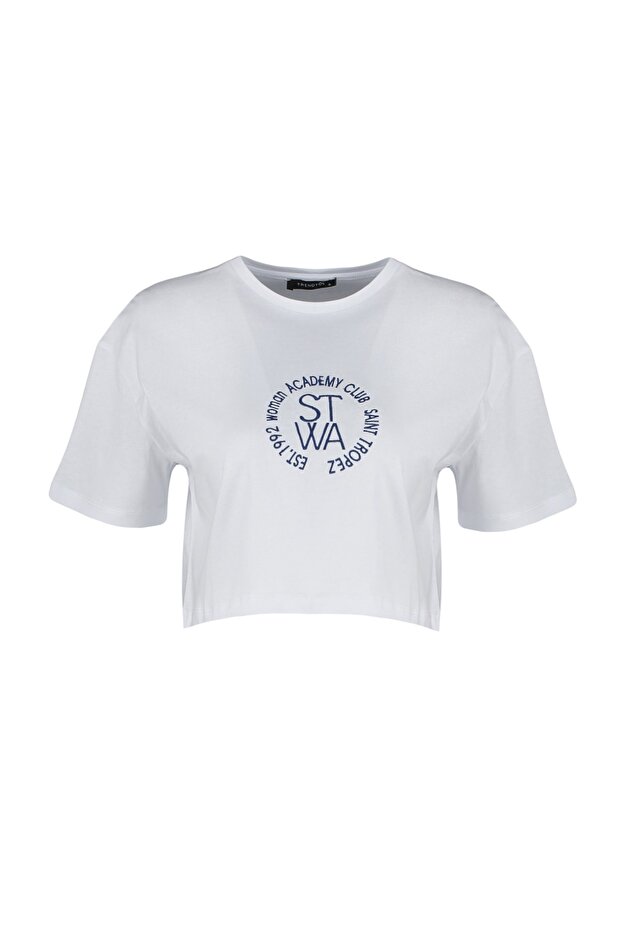 Beyaz %100 Pamuk Nakışlı Crop Bisiklet Yaka Örme T-Shirt TWOSS23TS00229 - 6