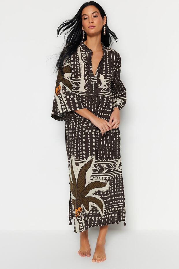 Tropikal Desenli Maxi Dokuma %100 Pamuk Püsküllü Plaj Kimono&Kaftan TBESS20KM0024 - 1