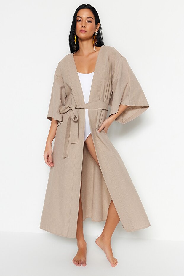 Bej Dokuma Maxi Plaj Kuşaklı Kimono&Kaftan TBESS23KM00058 - 3