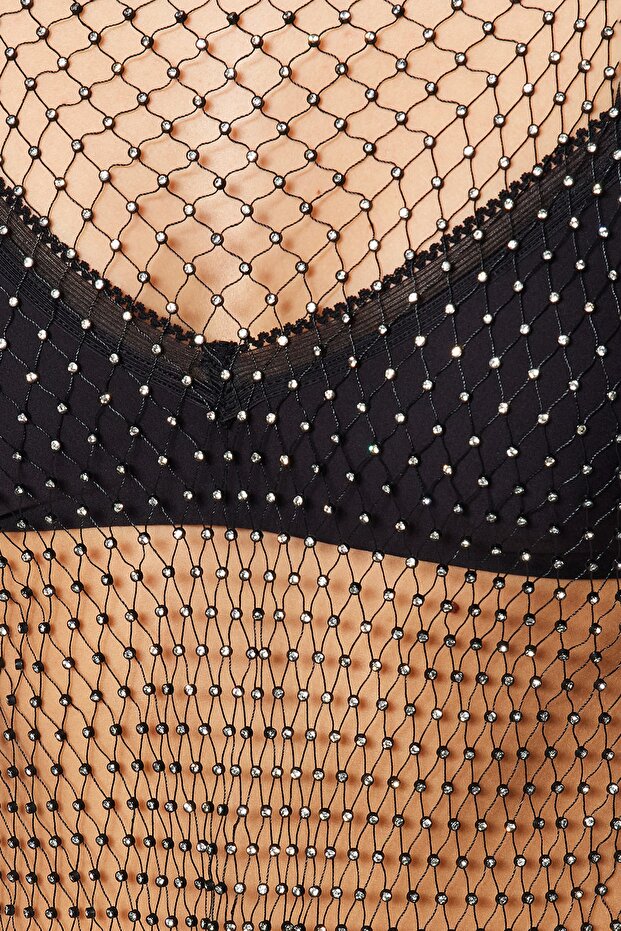 Siyah Crop Örme Parlak Taşlı Bluz TPRSS23BZ00084 - 5