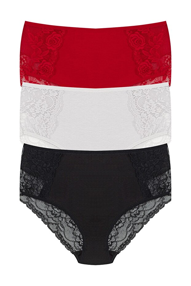 3-Piece Cotton Front and Back Lace High Waist Large Size Women's Panties