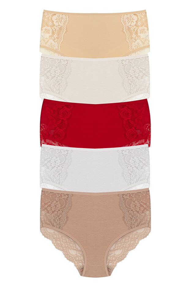 5-Piece Cotton Front and Back Lace High Waist Large Size Women's Panties