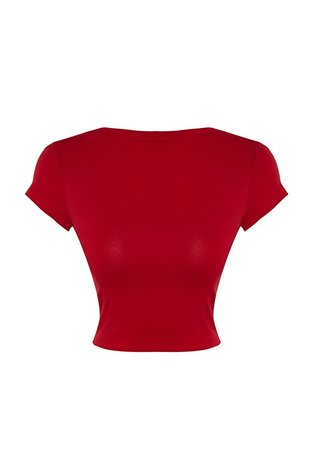 Kırmızı Sırt Dekolteli Crop Pamuklu Esnek Örme Bluz TWOSS23BZ00912 - 7