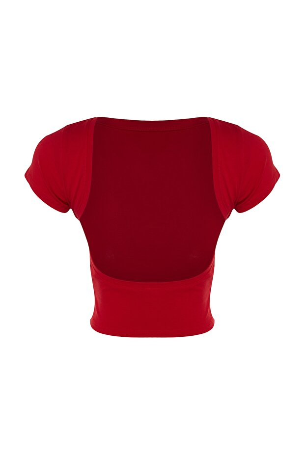 Kırmızı Sırt Dekolteli Crop Pamuklu Esnek Örme Bluz TWOSS23BZ00912 - 8
