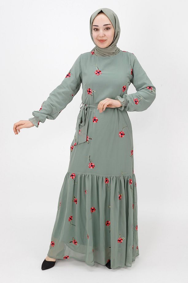 Nakış Modelli Şifon Kumaş Elbise - 1