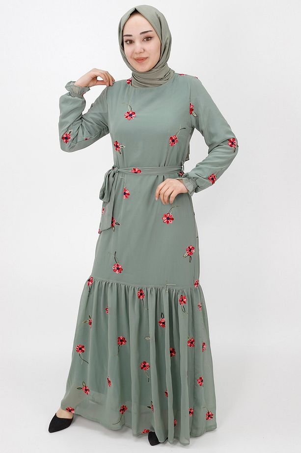 Nakış Modelli Şifon Kumaş Elbise - 3