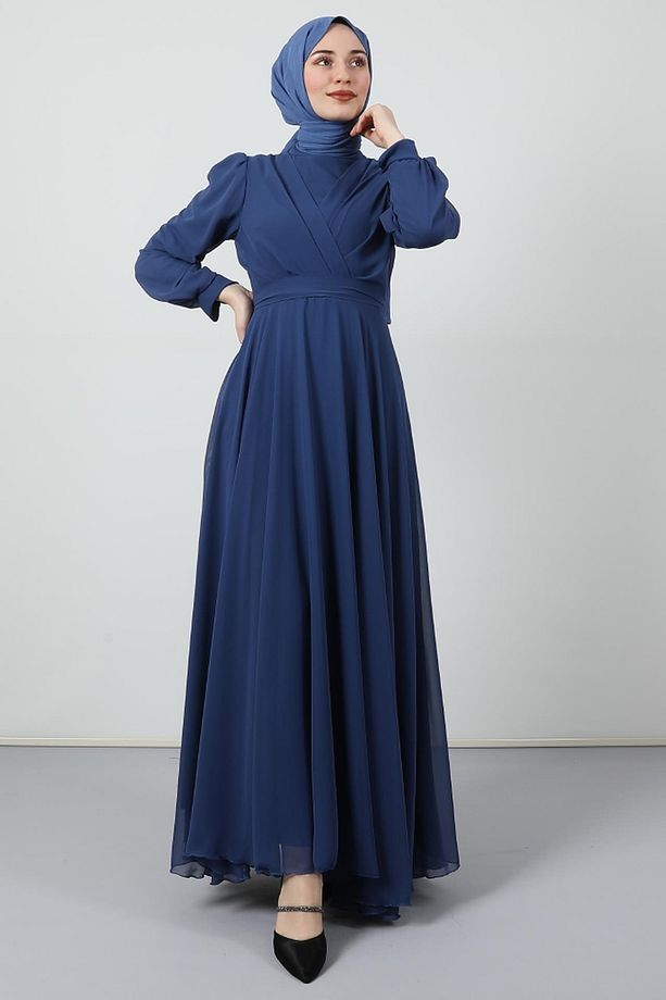 Önü Çapraz Şifon Elbise Indigo - 1