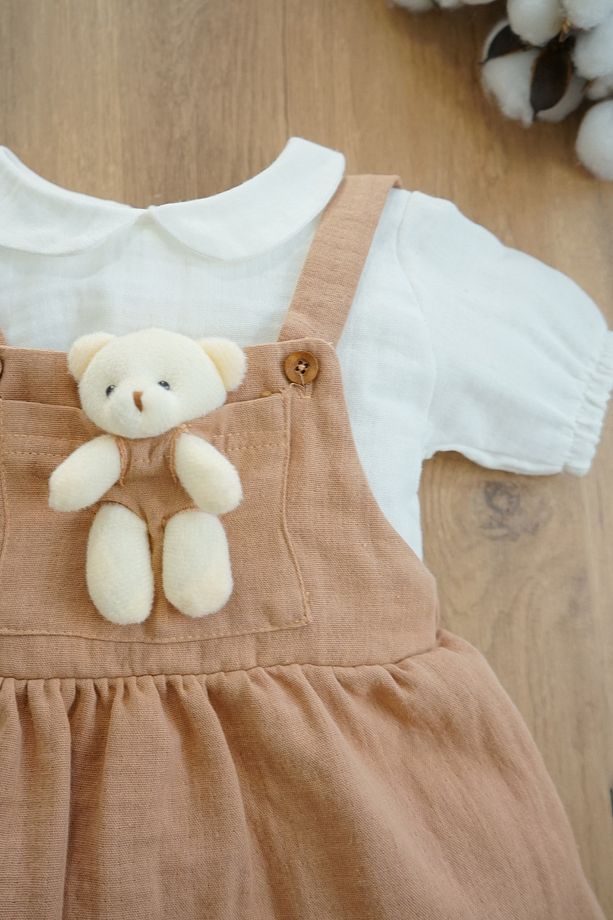 Kız Bebek Ve Çocuk Müslin Kumaş Salopetli Ayıcıklı Elbise - 3