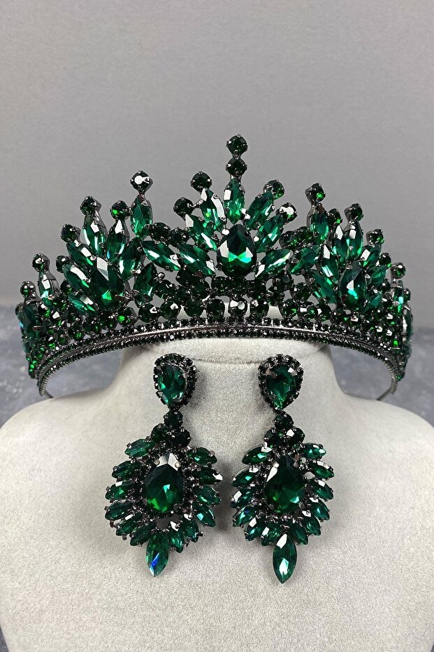 Green Adela Shiny Stone Henna Bridal Crown and Earring Set with Shuttle – Magnet, Gift, Ornamental Accessories