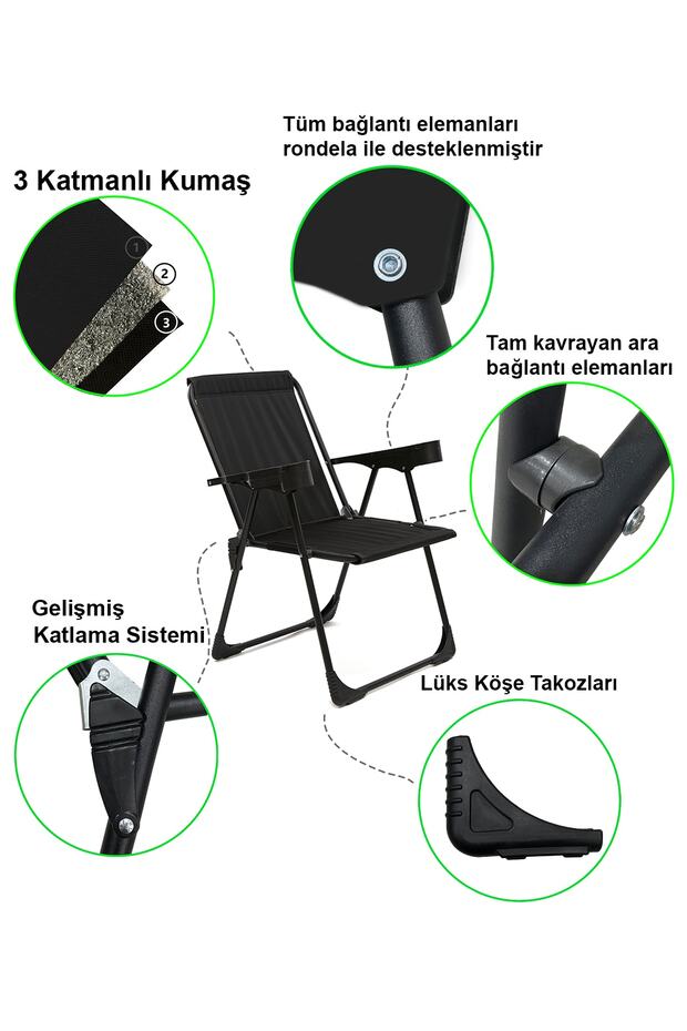 Silva 4 Adet Kamp Sandalyesi Bardaklıklı Lüks Piknik Sandalye Siyah + Katlanır Mdf Masa - 3