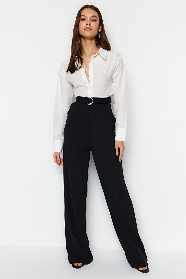 Siyah Kemerli Wideleg/Geniş Paça Normal Bel Smart Krep Kumaş Örme Pantolon TWOSS23PL00330 - 2