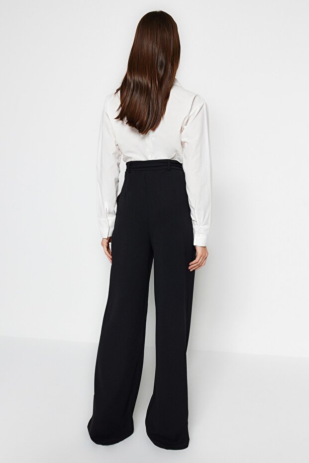 Siyah Kemerli Wideleg/Geniş Paça Normal Bel Smart Krep Kumaş Örme Pantolon TWOSS23PL00330 - 5