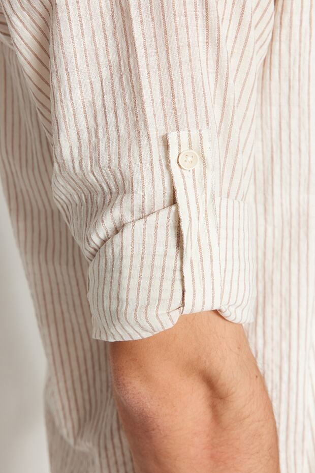 Camel Regular Fit Keten Karışımlı Çizgili Gömlek TMNSS23GO00134 - 4