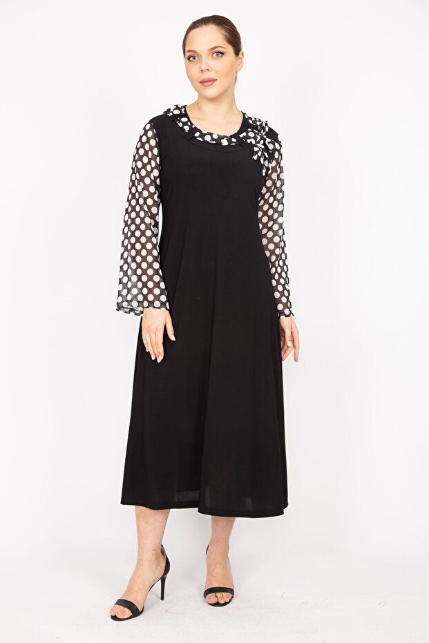 Women's Black Plus Size Sleeves Chiffon Collar Detailed Dress 65n35810