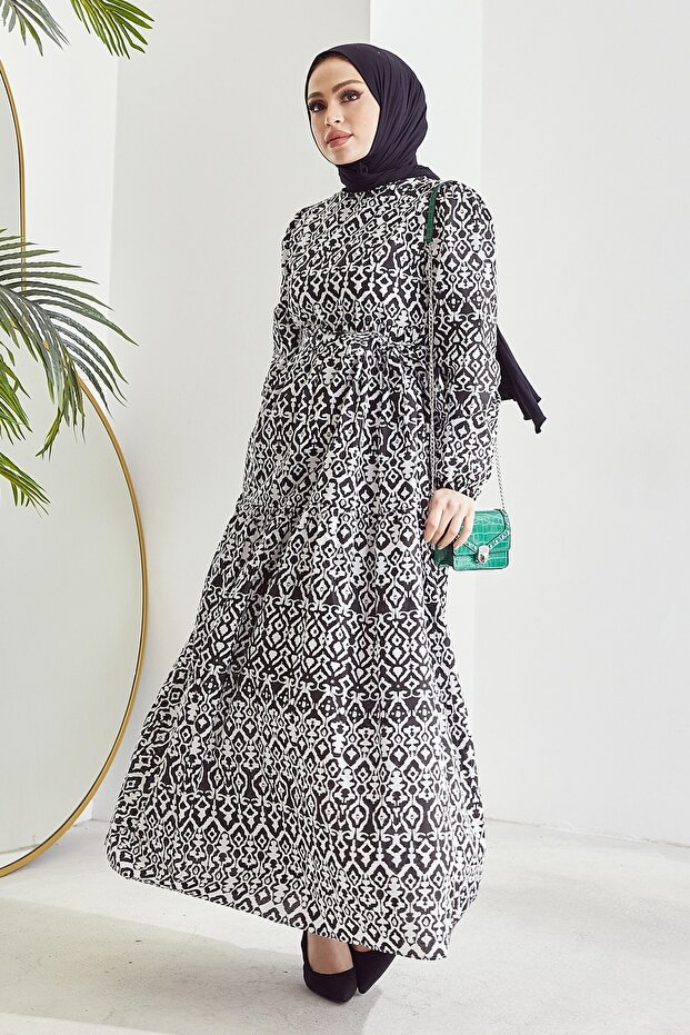 Belted Naya Spiral Pattern Dress - Black