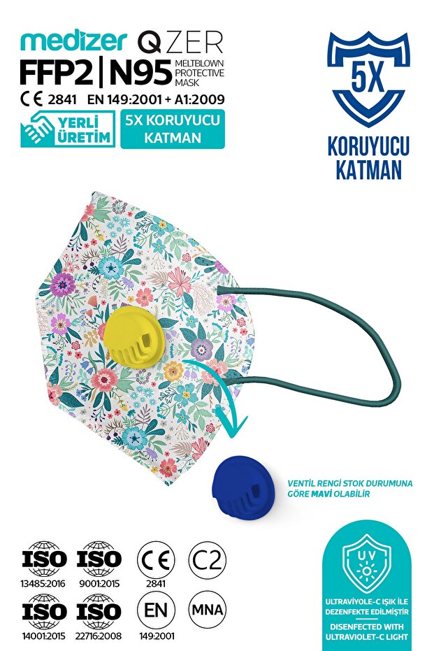 Qzer Bahar Çiçekleri Desenli 5 Katlı Ventilli Ffp2 Nr N95 Maske 10 Adet - 3