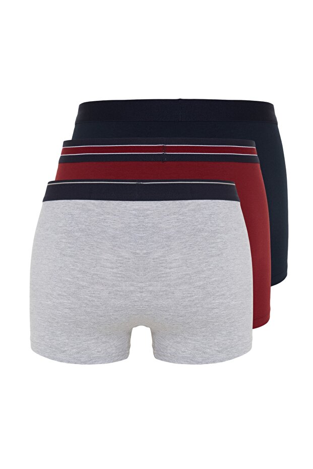 Bordo-Gri-Lacivert Düz Çizgili Lastikli 3'lü Paket Boxer TMNSS23BX00016 - 3
