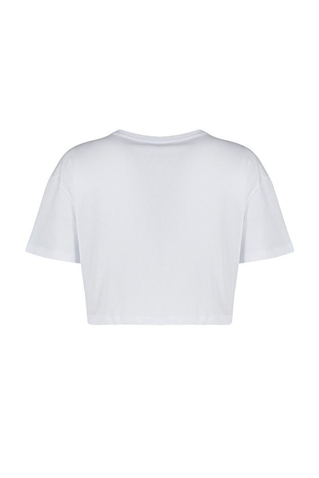 Beyaz %100 Pamuk Nakışlı Crop Bisiklet Yaka Örme T-Shirt TWOSS23TS00229 - 8