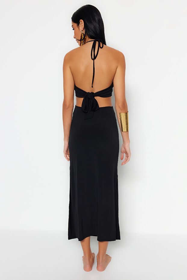 Plaj Giyim Siyah Örme Cut Out Detaylı Maxi Elbise TBESS23EL00122 - 6